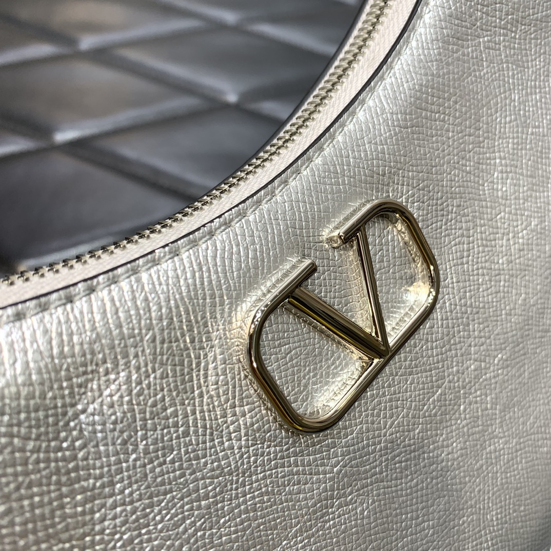 Valentino Garavani VLogo Signature Hobo Bag in Silver Grainy Calfskin Leather 